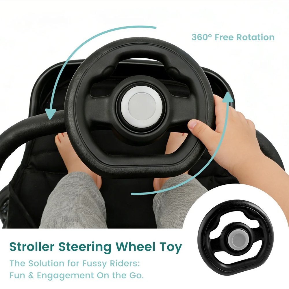Child turning the EVAM BABY steering wheel, showing full 360 degree rotation