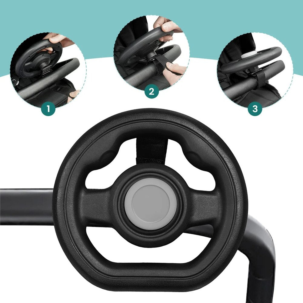 Three steps showing the steering wheel being strapped to a stroller bar