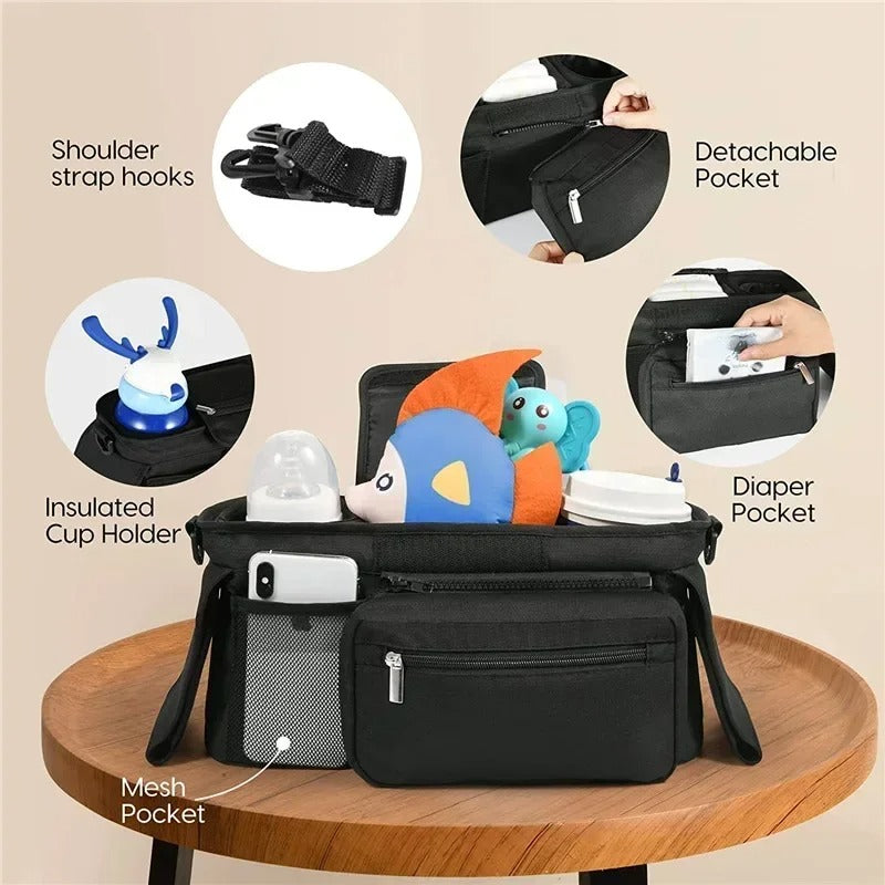 Close-ups of the insulated cup holder, nappy pocket, mesh pocket, detachable pouch and shoulder strap hooks